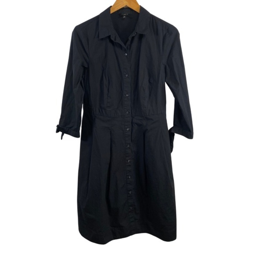 Talbots Womens 100% Cotton Midi Shirt Dress sz 10P Black Bow Tie Sleeves Classic